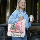 NATSUNO Pink Christmas Canvas Tote Bag, Coquette Christmas Tree Pickup Truck Canvas Tote Bag for Women, Preppy Xmas Winter Holiday Reusable Grocery Bags Shopping Bags