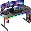 GTRACING Gaming Desk 55 Inch with LED Lights, Large Computer Desk with Mouse Pad for Home Office, T-Shaped Carbon Fibre Surface PC Game Workstations with Headphone Hook Light Black