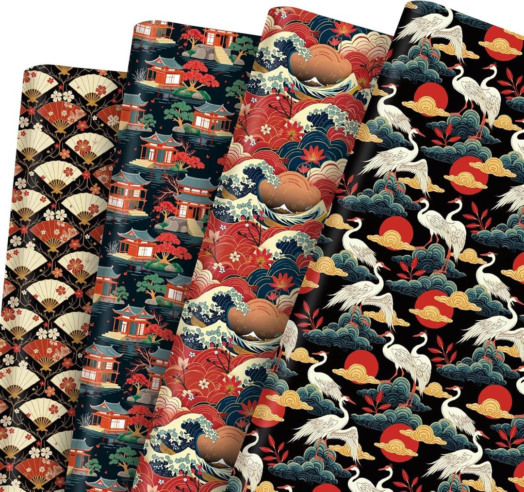 Pineraap Japanese Wrapping Paper 12 Sheets Traditional Japanese Themed Gift Wrap with Sakura, Cranes, Fans, Waves, and Temples Design Gift Packing Paper Anime Gift Wrap for Japan Lovers, 20"28"