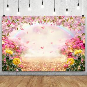 YongFoto 20x10ft Spring Floral Backdrop Pink Yellow Flowers Petal Rainbow Wonderland Dreamy Photography Background Baby Shower Girl Princess Birthday Party Kids Adults Portrait Photo Studio Props