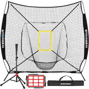 Storgem Baseball and Softball Practice Net 77ft Portable Hitting Pitching Batting Training Net Baseball Backstop Net with Batting Tee and Strike Zone and Bow Frame