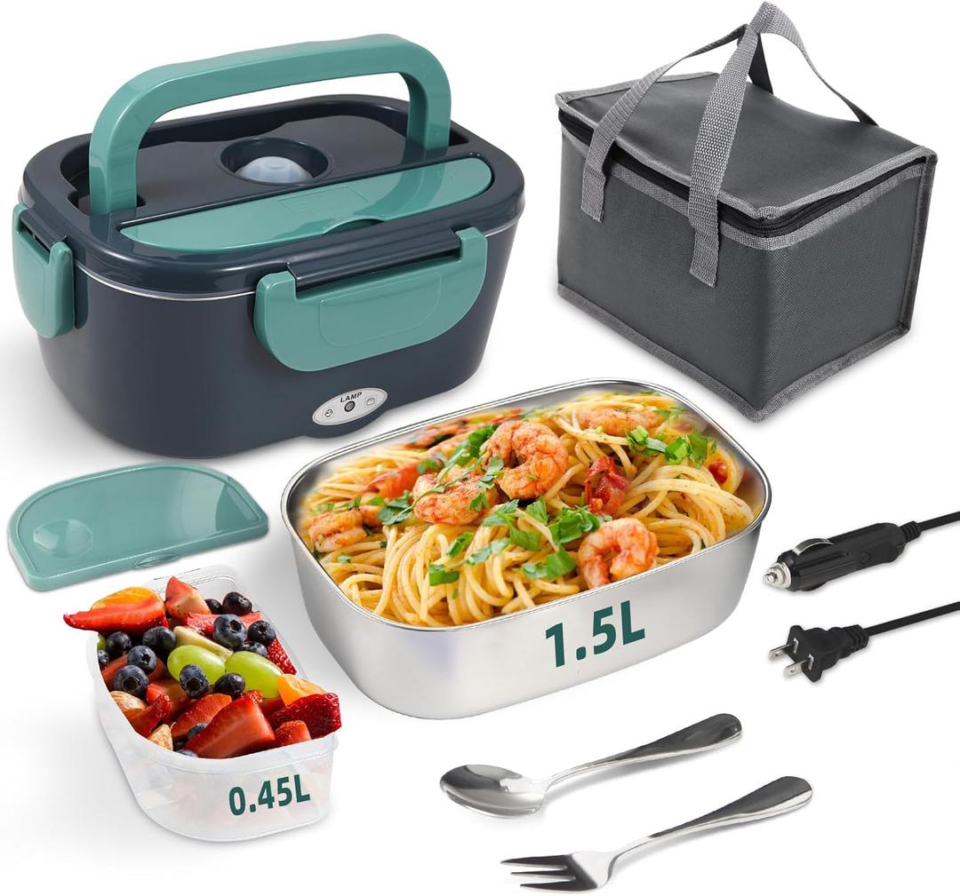Electric Lunch Box Food Heater, 80W Portable Warmer for Car Truck Work with 304 Stainless Steel Container, 12V/24V/110V Green Heated Lunch Box Suitable for Ideal Driver/Work/Gift (1.5L Regular)