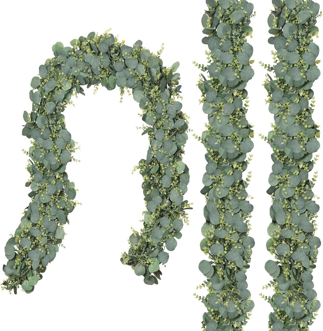CQURE 3Pcs Eucalyptus Garland,Artificial Eucalyptus Leaves Table Greenery Garland Wreath Vines for Wedding Party Table Fireplace Bedroom Wall Room Decor (17.7 Ft)