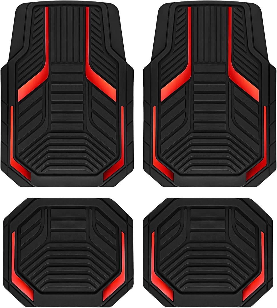 PIC AUTO Heavy Duty Rubber Floor Mats, Red Aluminum Film Car Mats Set, Front and Rear Car Mats with Anti-Slip Backing, All Weather Protection, Trim-to-Fit for Automotive SUV, Sedan, Van