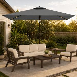 6.5 x 10ft Rectangular Patio Umbrella with Solar Lights, 16 LED Lighted Market Umbrella with Push-Button Tilt and Crank, 6 Sturdy Iron Ribs for Garden, Deck, Pool, Gray