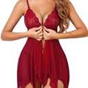 ADOME Lingerie for Women Front Closure Lace Babydoll Chemise V Neck Mesh Lingerie Dress with Thong XL