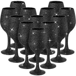 Christmas Wine Glasses Set of 12, Glitter Long Stem Wine Glasses 13.5 oz Glitter Glass Wine Cups for Wedding, Anniversary and Home(Black)