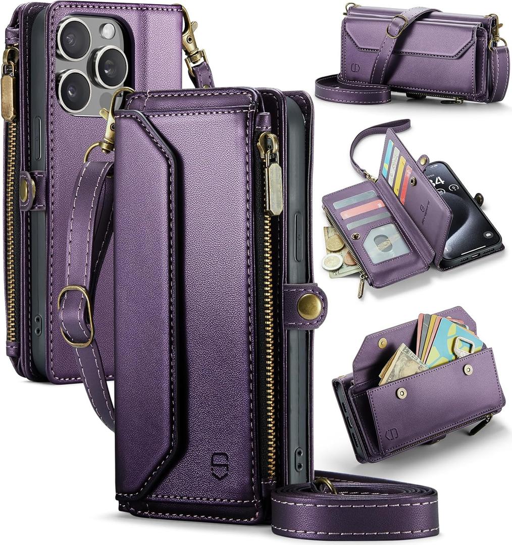 Wallet Case Compatible with iPhone 15 Pro Max RFID Blocking 10-Card Holder Soft PU Leather Magnetic Snap Shoulder Strap Zipper Pocket Phone Case Fit for iPhone 15 Pro Max 6.7" - Purple