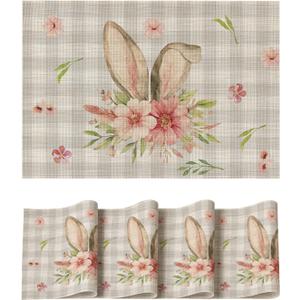Artoid Mode Buffalo Plaid Rabbit Ears Flowers Vinyl Easter Placemats Set of 4, 12x18 Inch Wipeable Non-Slip PVC Place Mats for Party Kitchen Dining Decor
