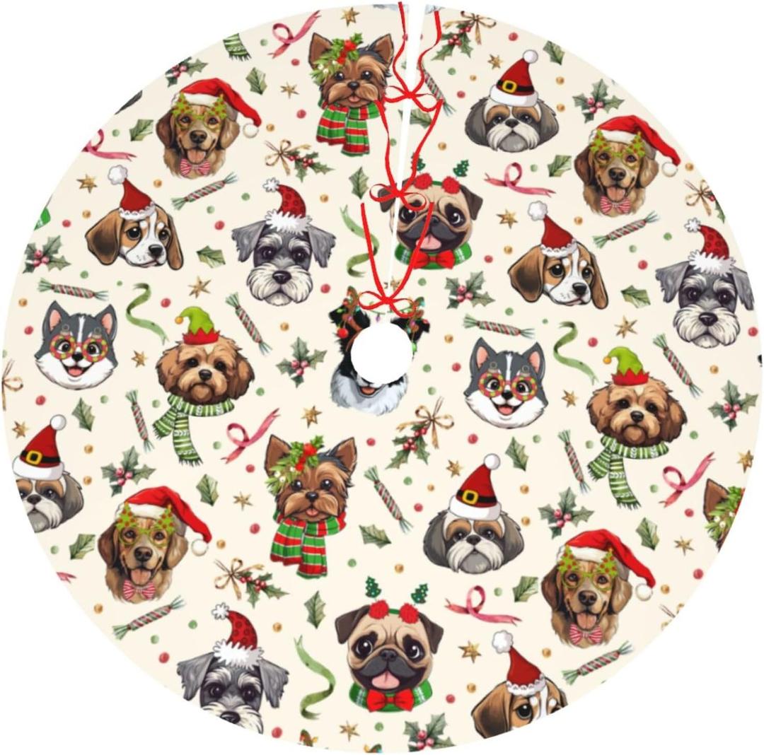 Cute Dogs Christmas Tree Skirt Holiday Party Supplies Decorations Halloween Xmas Tree Mat Farmhouse Decorations 30" (Red)