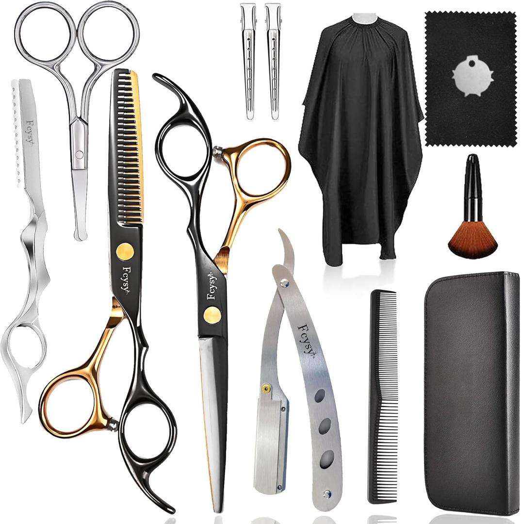 Fcysy Professional Barber Scissors Kit - Thinning Shears for Texturizing Hair Cuts, Salon & Wig Scissors Set for Women & Men (Gold 13 Pcs)