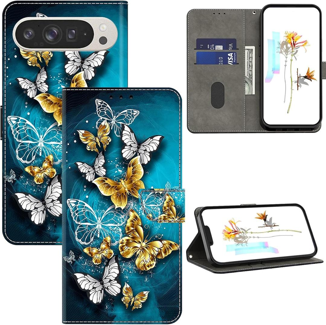 ALILANG for Google Pixel 9 Pro XL Wallet Case with Credit Card Holder, Flip Book PU Leather Protective Magnetic Cover for Pixel 9 Pro XL Case-Green Butterfly