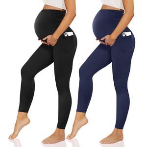 Happy.angel 2 Pack Maternity Leggings with Pockets Over The Belly, Womens Black Workout Yoga Pregnancy Pants Black/Navy Blue XX-Large