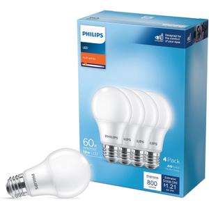 60W A19 4-Pack Basic Soft White (2700K) 800 Lumen (10W = 60W) Frosted Flicker-Free Light Bulbs