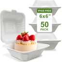 [50 COUNT]Harvest Pack 6 X 6" White Compostable Clamshell Food Containers, To go food container Heavy-Duty Hinged Container, Disposable Bagasse Eco-Friendly Natural Takeout to go Box