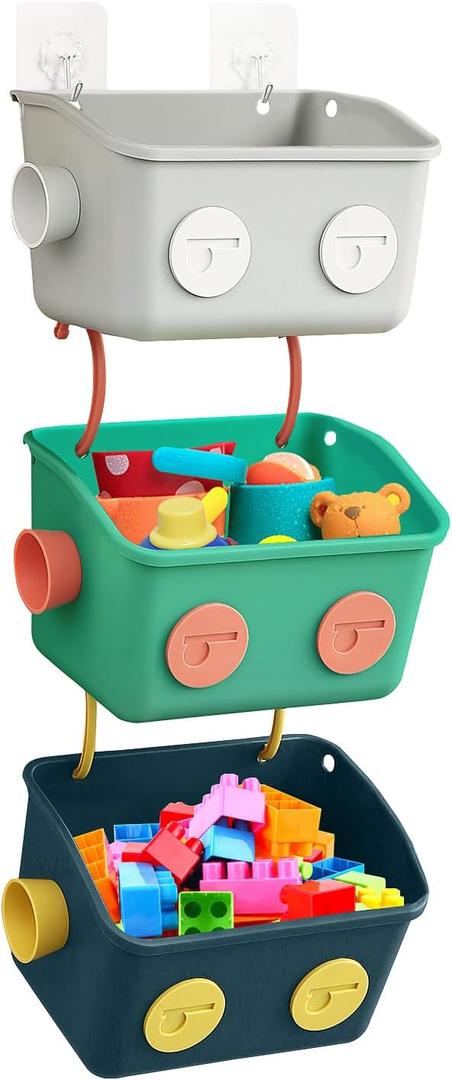 Bath Toy Storage Organizer Basket, 3 Pack Cute Robot Bathtub Shower Toy Organizer, Wall Mounted Hanging Bath Toy Holder with Hooks, for Tub Laundry (3 Pack / Blue,Grey,Green)