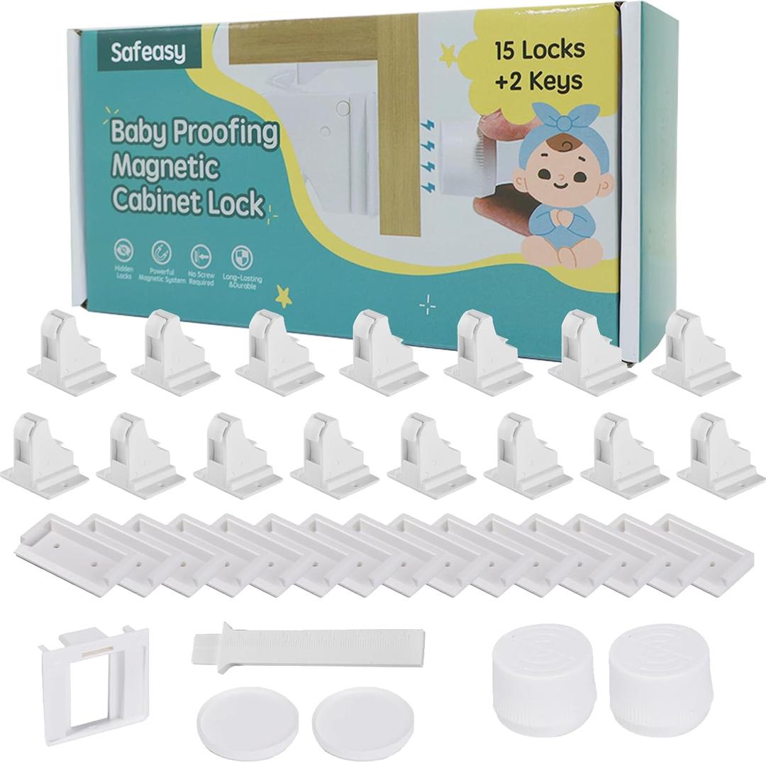 15 Pack Magnetic Cabinet Locks Baby Proofing - Safeasy Child Safety Latches for Cabinets, Drawers & Cupboards - Quick-Adhesive Installation (15 Locks + 2 Keys)
