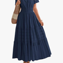 BTFBM Womens Summer 2025 Casual Midi Maxi Dresses Lightweight Short Sleeve V Neck Elastic Waist Boho Beach Dress Pockets L