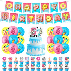 3 x 6 7 Birthday Decorations, 6 7 meme Party Decorations, Happy Birthday Decor | 67 Meme Themed Party Supply, Includes Banner, Cake Topper, 24 Cupcake Toppers, 18 Balloons
