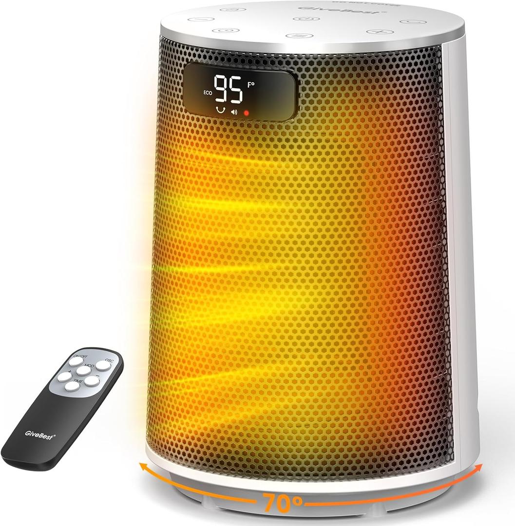 GiveBest Space Heater, Electric Portable Heaters for Indoor Use with Thermostat and Remote, 70Oscillation, Digital Display, 12H Timer, 1500W PTC Ceramic Fast Safety Heat for Office Bedroom, White