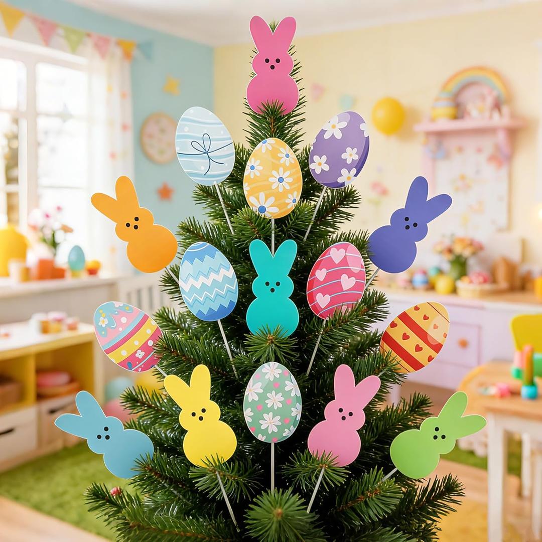 16 Pcs Extra Large Easter Tree Pick Include Egg Bunny Style Colored Decorations Trees Pick Ornaments for Easters Home School Office Spring Party Vase Decor
