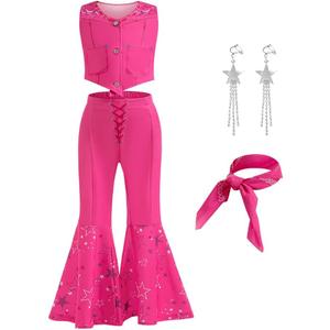 Pink Costume for Girls Cowgirl Costume Dress Kids Disco Outfits Movie Dress up Halloween Party Cosplay 4-13Y (6-7 Years)
