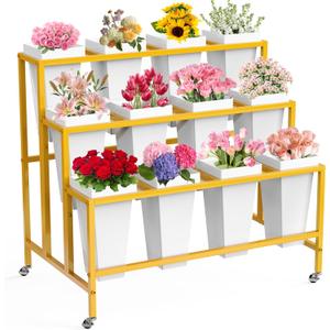 Flower Display Stand with 12 Buckets, Flower Cart 3 Layers Gold Metal Flower Bar Stand with Wheels, Moving Florist Bouquet Shelf for Weddings Florist Indoor Outdoor Patio Garden Living Room