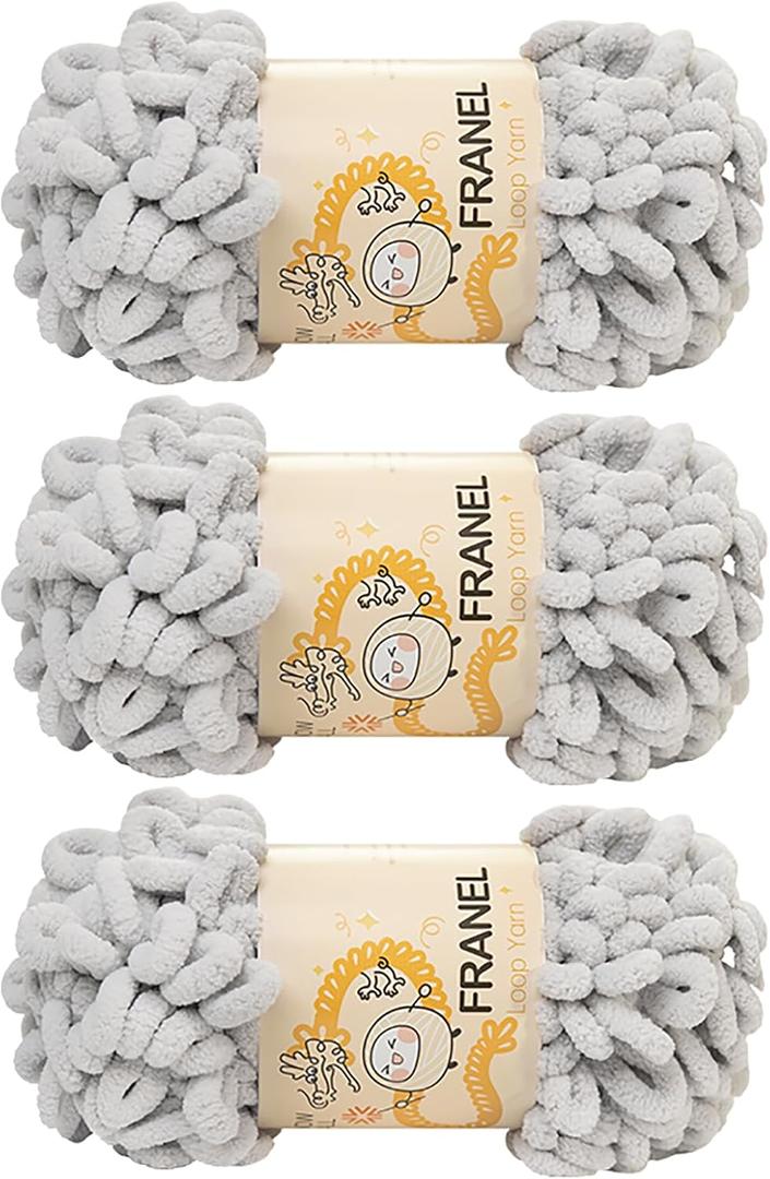 Franel Loop Yarn 100% Polyester Chenille Puffy Yarn, Craft Chunky Finger Knitting Loopy Yarn Soft and Light Material, Perfect for DIY Hand Woven Knitting Crafts Supplies (26 Pale Gray, 3-Pack)