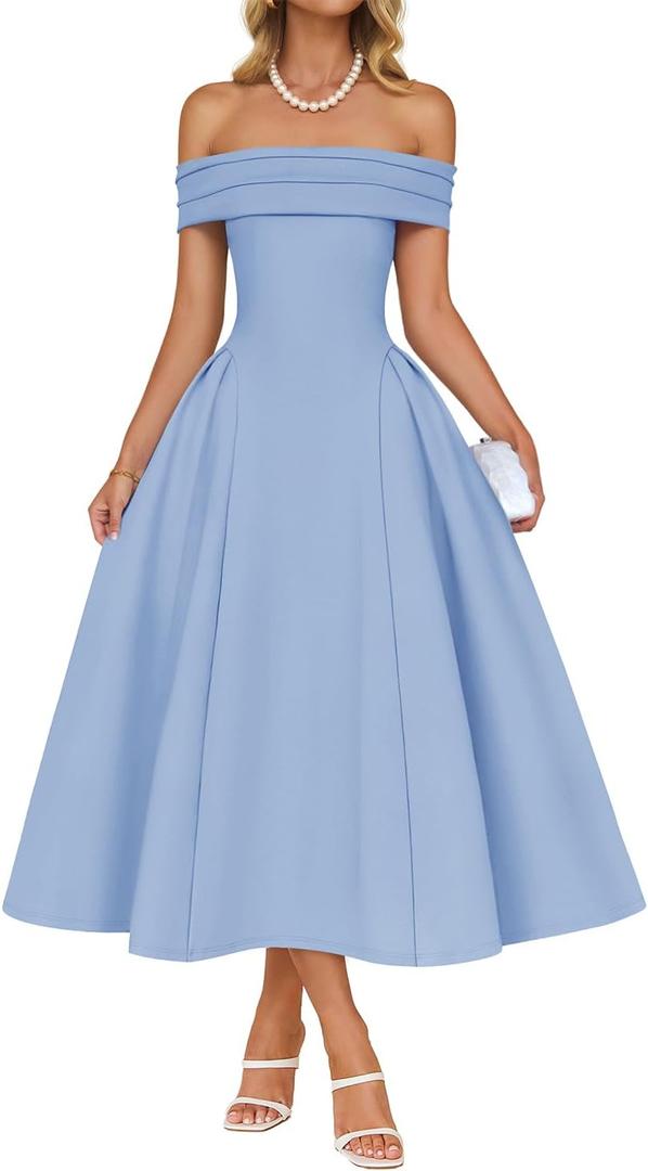 ZESICA Summer 2026 Cocktail Dresses for Women's Off Shoulder Short Sleeve Swing A Line Wedding Evening Party Midi Dress Blue X-Large