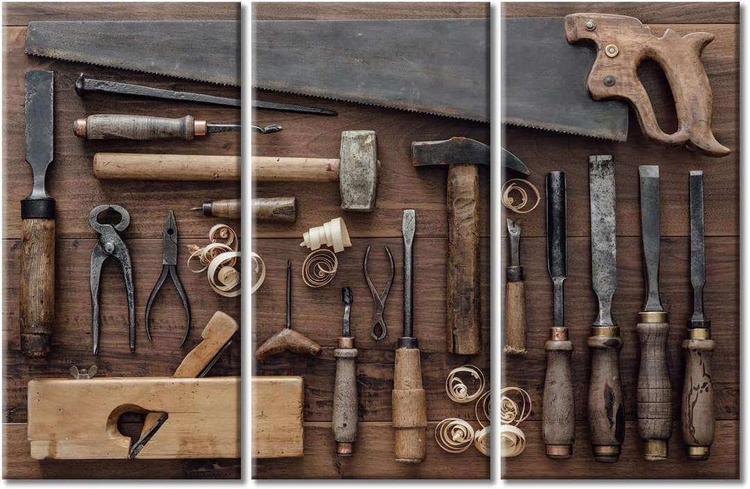 Set of Working Tools on Wooden Boards Pictures Wall Decor Posters and Prints 3 PanelsCollection of Vintage Carpentry Tools Wall Decor for Bedroom Stretched and Framed Ready to Hang (42"Wx28"H)