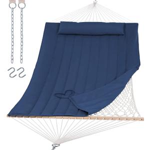 SUNCREAT Hammocks Outdoor Double Hammock with Hardwood Spreader Bar, 475 lbs Capacity, Heavy Duty 15 FT Hammock with Large Soft Pillow, Dark Blue