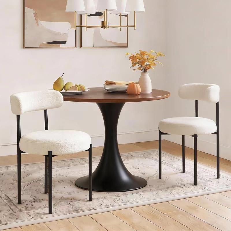 Dining Chairs Set of 2, Boucle Upholstered Modern Mid Century Round Kitchen Chairs with Curved Backrest & Metal Legs for Vanity, Living Room (White-1), 21.85" W X 21.26" D X 30.31" H