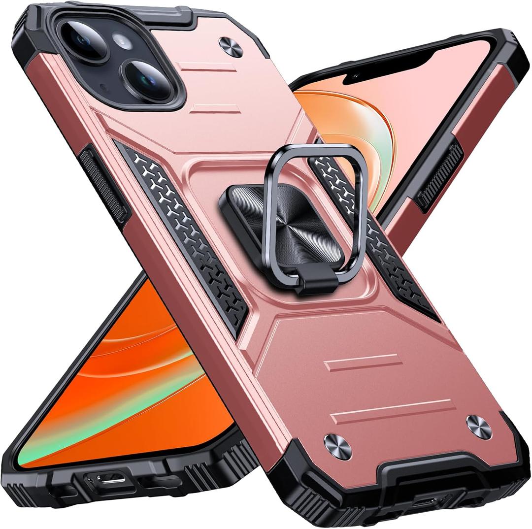 Anqrp Heavy Duty Case for iPhone 13/14 Case with Enhanced Ring Holder Grip Stand, Military Grade Shockproof Rugged Drop Protective Silicone Hard Slim iPhone 13/14 Phone Case Cover, Pink Gold