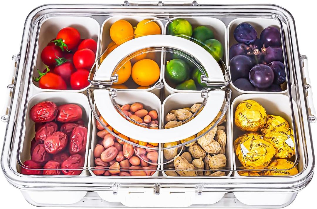Divided Serving Tray with Lid and Handle - Snackle Box Charcuterie Container for Portable Snack Platters - Clear Organizer for Candy, Fruits, Nuts, Snacks - Perfect for Party, Entertaining (11" x 8.3" x 2.6")