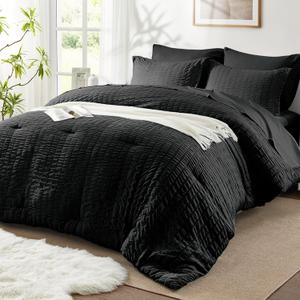 SunStyle Home Full/Queen Comforter Set 7 Pieces, Black Seersucker Bed in a Bag Lightweight Bedding Set, All Season Comforters with Flat Sheet, Fitted Sheet, Pillowcase and Pillow Sham, Black 