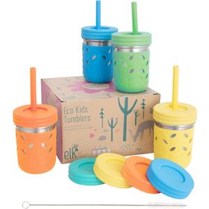 Elk and Friends 10oz Stainless Steel Kids + Toddler Drinking Cups | The Original Mason Jar with Sleeves + Lids | Silicone Straws | Smoothies | Storage Jar | Spill Resistant | Dishwasher Safe | 4 Pack (Green/Orange/Blue/Yellow)
