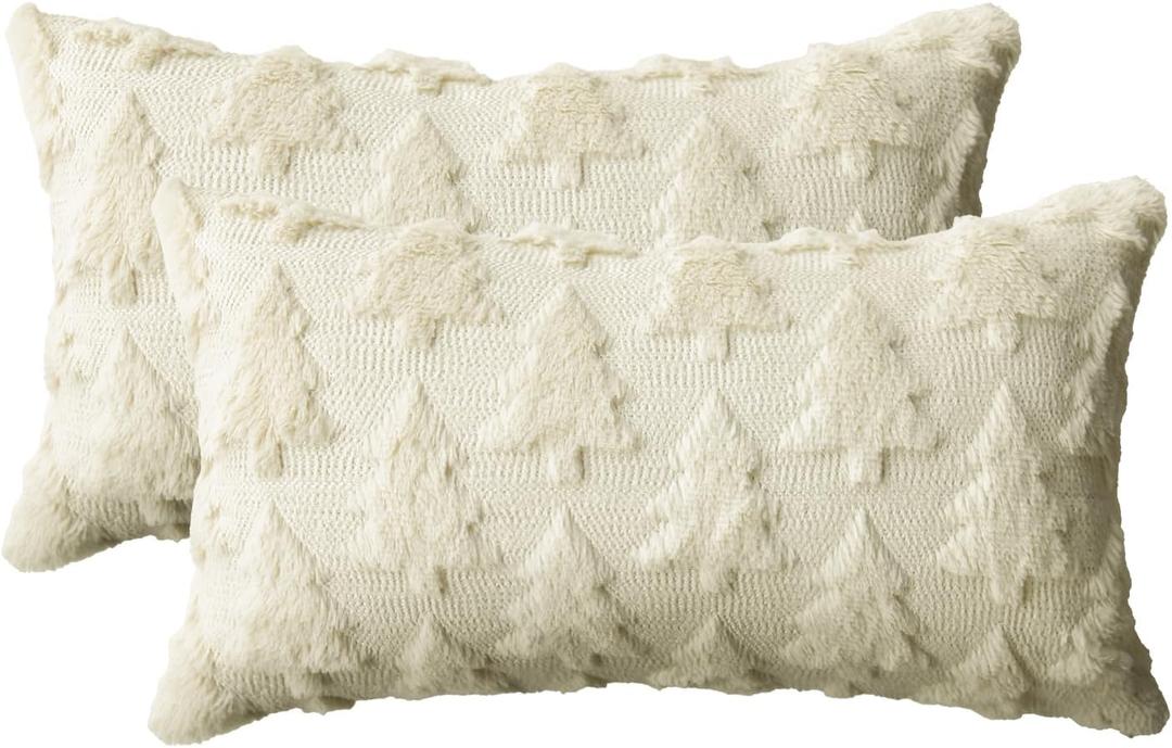 AVOIN colorlife Christmas Tree Beige Throw Pillow Covers Set of 2, 12 x 20 Inch Soft Plush Faux Fur Jacquard Cushion Case Festivals Winter Decoration for Sofa Couch