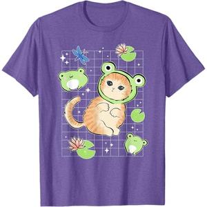 Kawaii Frog Cat in Frog Hat Retro 90s Cottagecore Aesthetic T-Shirt, Color, Extra Large 