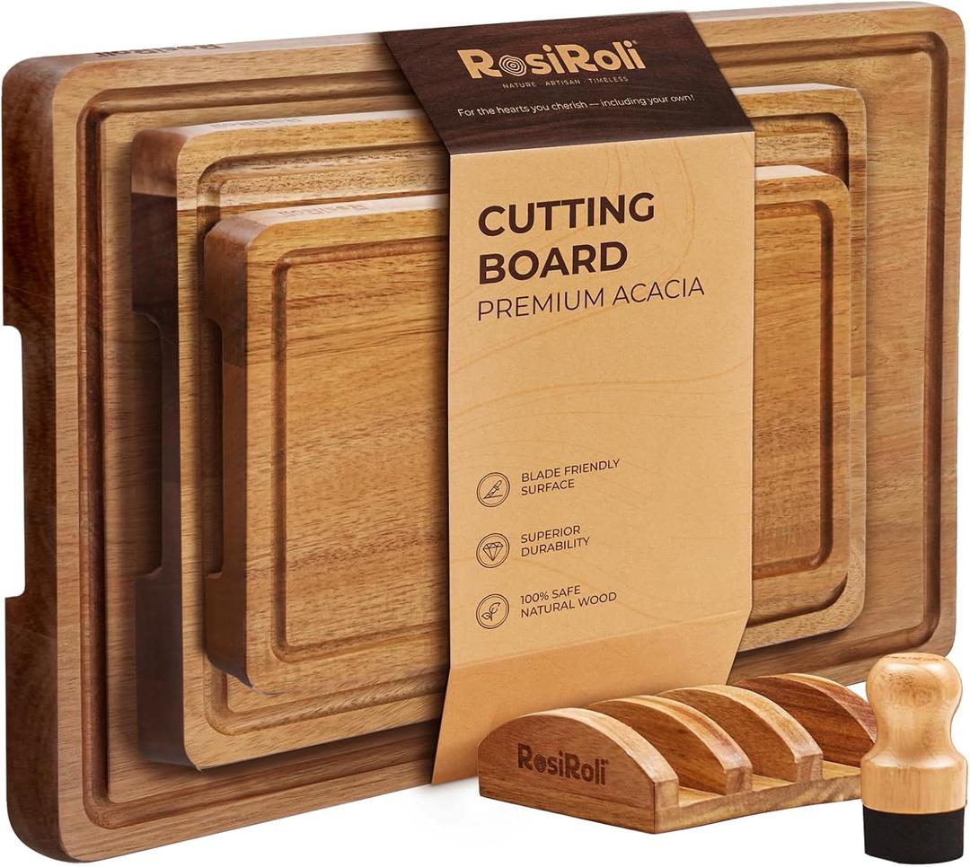 Acacia Wood Cutting Board for Kitchen, Set of 3 - Durable Thick Chopping Boards with Juice Grooves & Handles for Prep & Serving, Impressive Gift for Housewarming, Kitchen Gifts for Mom