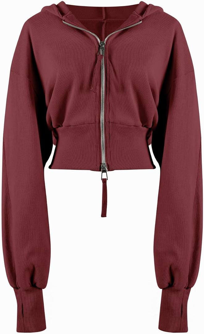Arssm Cropped Hoodie Women Zip Up Long Sleeve Sweatshirts Casual Fashion Hooded Workout Jacket Crop Top (Red, XS)
