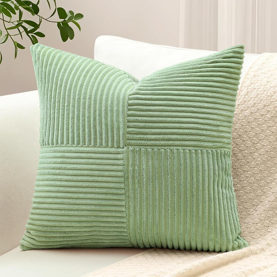 OTOSTAR Set of 1 Decorative Throw Pillow Cover Soft Corduroy Solid Square Pillow Cases Farmhouse Boho Striped Cross Patchwork Textured Cushion Cover for Sofa Car Bed Living Room 24x24 Inch, Sage Green