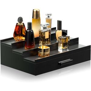 Sephyroth Cologne Organizer for Men 3 Tier of Elevated Cologne Display Shelf with Drawer Storage Perfume Organization and Storage Display Risers,Great Gift for Man(Black)