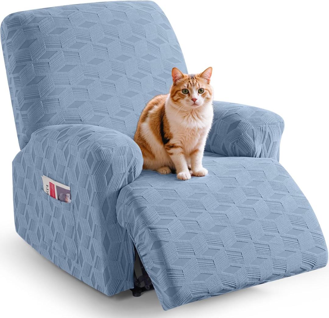TAOCOCO Oversized Recliner Cover Stretch Recliner Chair Covers, Jacquard Reclining Chair Cover, Furniture Protector Sofa Slipcovers Couch Covers with Elastic Bottom for Kids, Pets (Light Blue) (1 XL Seater)