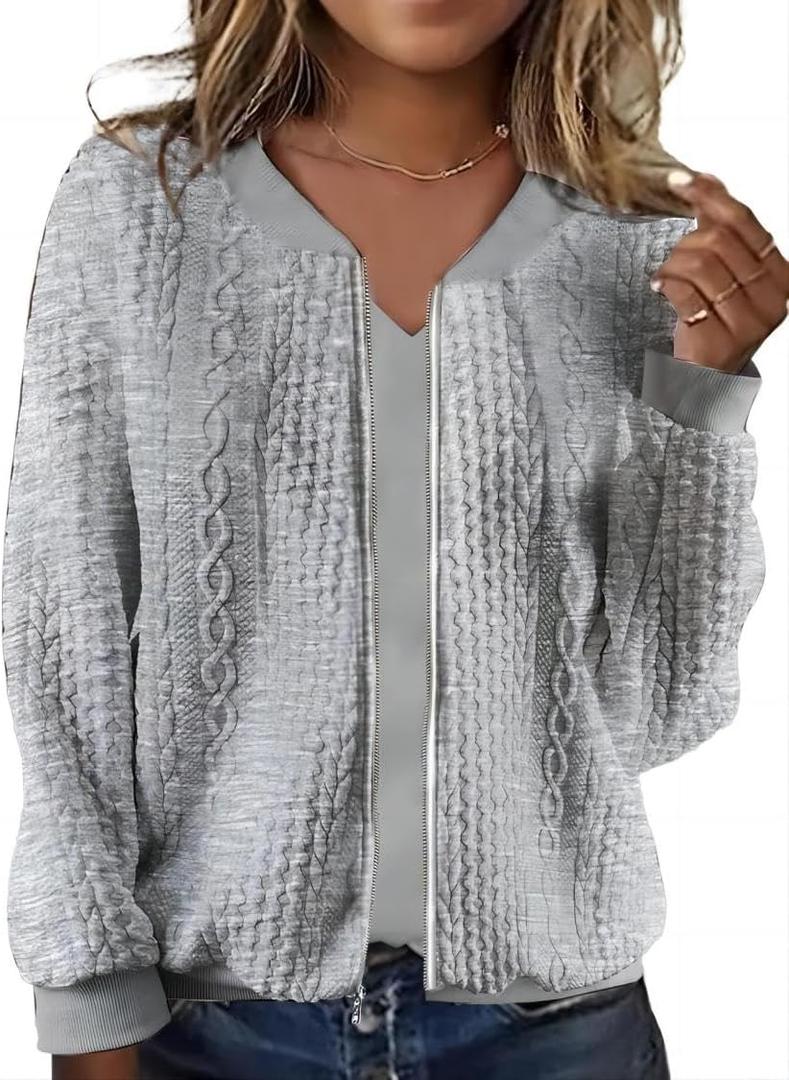 WROLEM Women's Zip Up Cardigan Sweater Cable Hoodies Long Sleeve Jacket Outfits Crewneck Casual Coat (Medium, Grey)