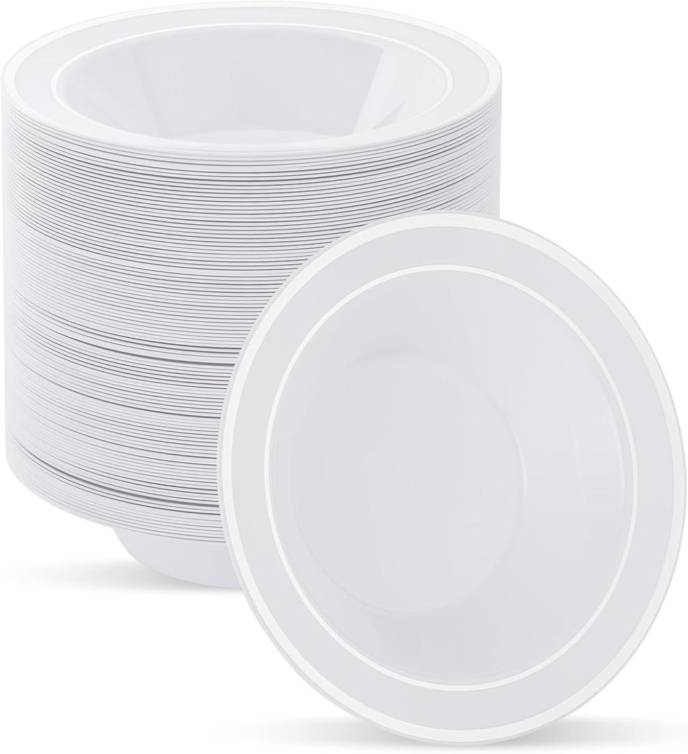 100pc Deep Bowl With White Background And Double Silver Edges, 12oz,Disposable Soup Bowls,Disposable Soup Dessert Salad Bowls for Wedding/Party/Catered Events (100Pack)