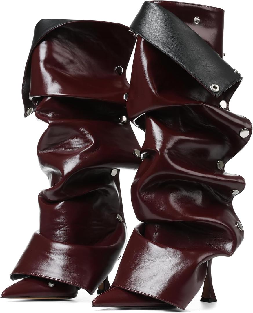 VOMIRA Women's Knee High Boots Stiletto Boots Pointed Toe High Heels Wide Calf Ruched Slouchy Boots Detachable Snap-off Panel Mid Calf Boots Black Boots (7, Burgundy)