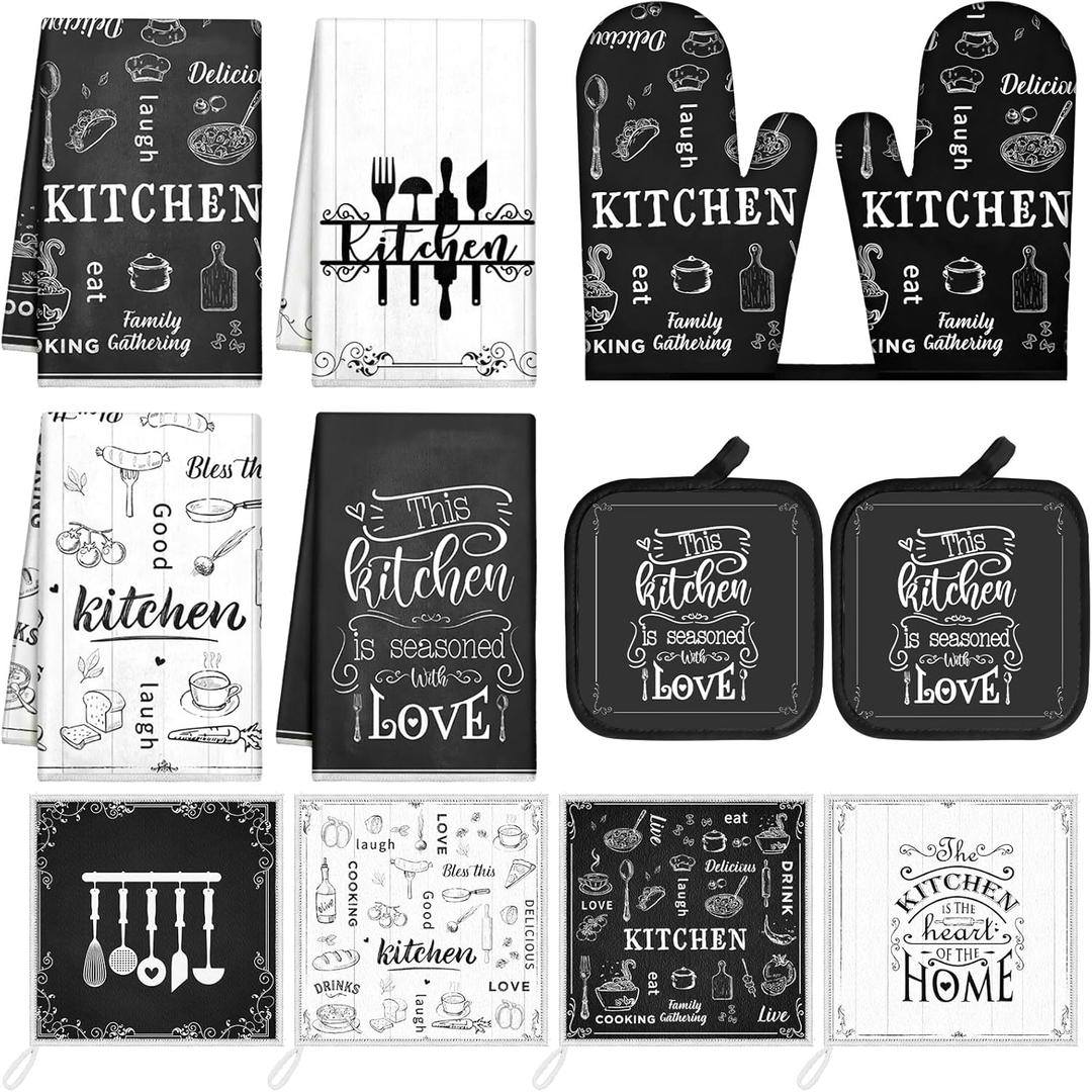 12 Pcs Farmhouse Kitchen Decor Sets, 8 Black and White Kitchen Dish Towels 2 Pot Holders 2 Oven Mitts Glove, Rustic Hand Towels and Dishcloths Sets for Home Decorations Accessories Christmas Mom Gifts