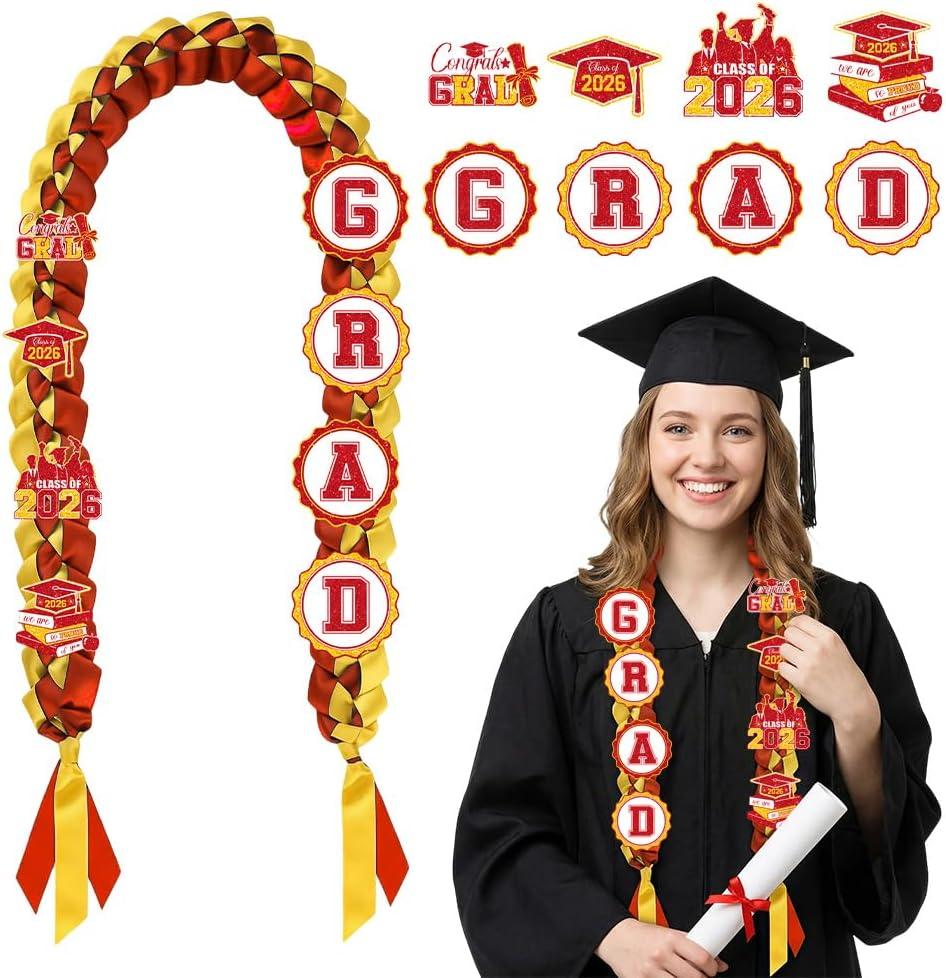 2026 Red Gold Graduation Leis Decorations with Pins, Class of 2026 Grad Embroidery Patches Party Supplies for High School College Graduation
