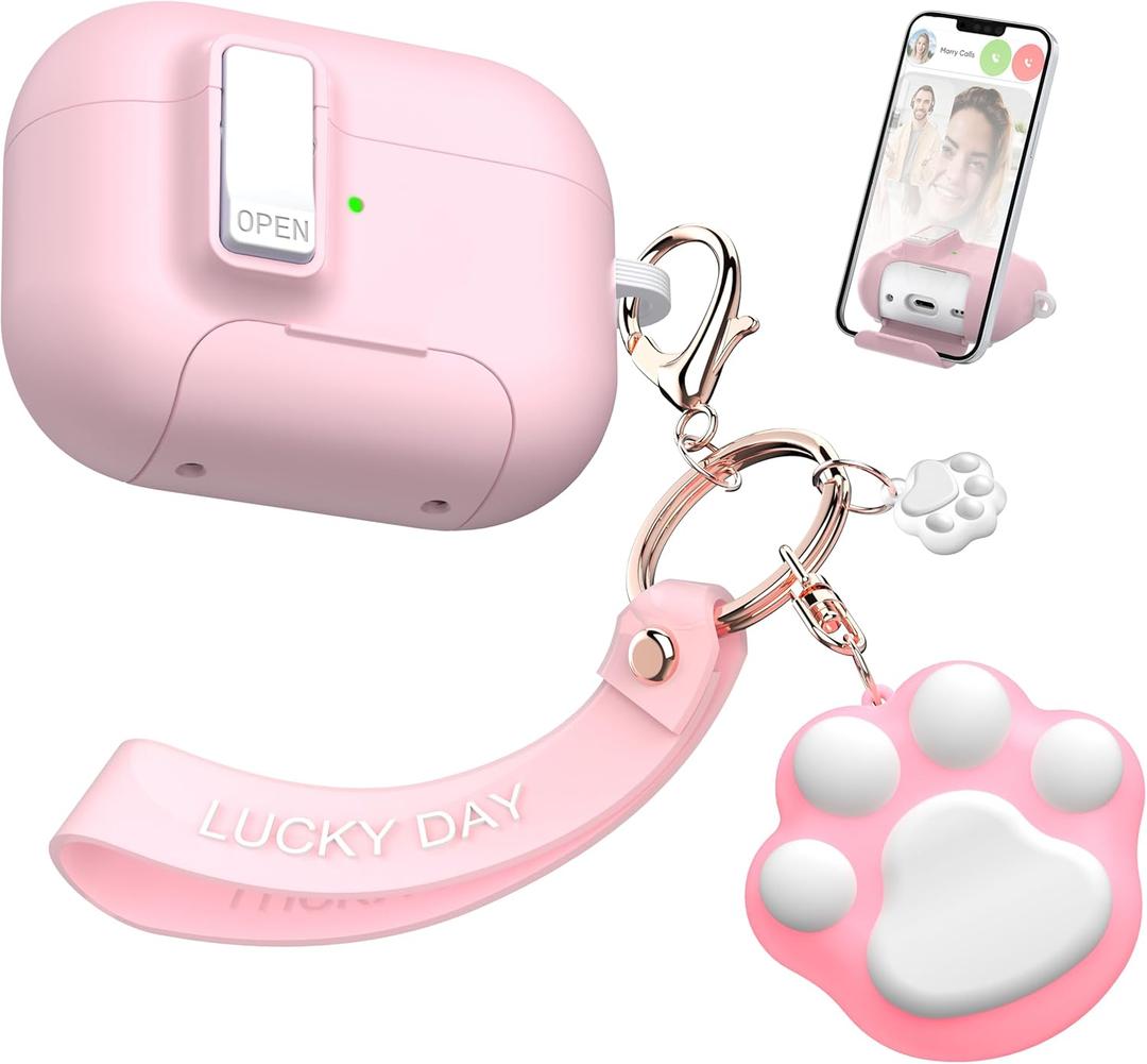AirPods Pro 2nd/1st Generation Case with Cleaning Kit, Anti-Slip Adjustable Kickstand, Anti-Fingerprint Coating & Precision, Full Drop Protection Cover with Cute Keychain, Pink
