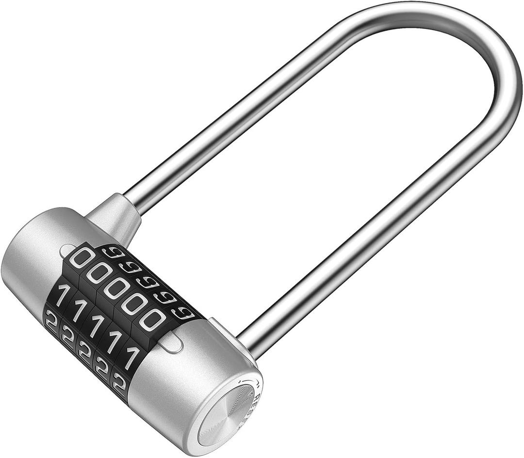 KeeKit 5 Digit Combination Padlock, 4.65 Inch Long Shackle Resettable Padlock, Lengthened Gym Lock Waterproof for School, Employee, Gym & Sports Locker, Gate, Case, Toolbox, Fence - Silver (1 Pack)